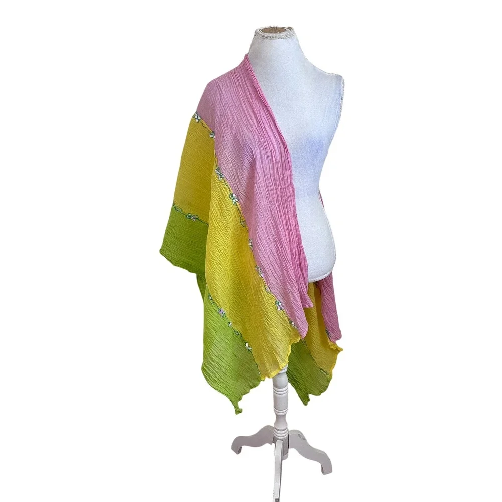 Boho Coastal Crinkle Sequin Embroidered Scarf Wrap Shawl‎ Pink Yellow Green OS